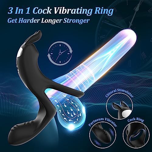 Vibrating Cock Ring Sex Toys - 3 in 1 Penis Ring Couple Vibrator Clitoris & Perineum Stimulator with Rabbit Ears & 10 Vibration Modes, Adult Sex Toys & Games Massager for Men Erection Training