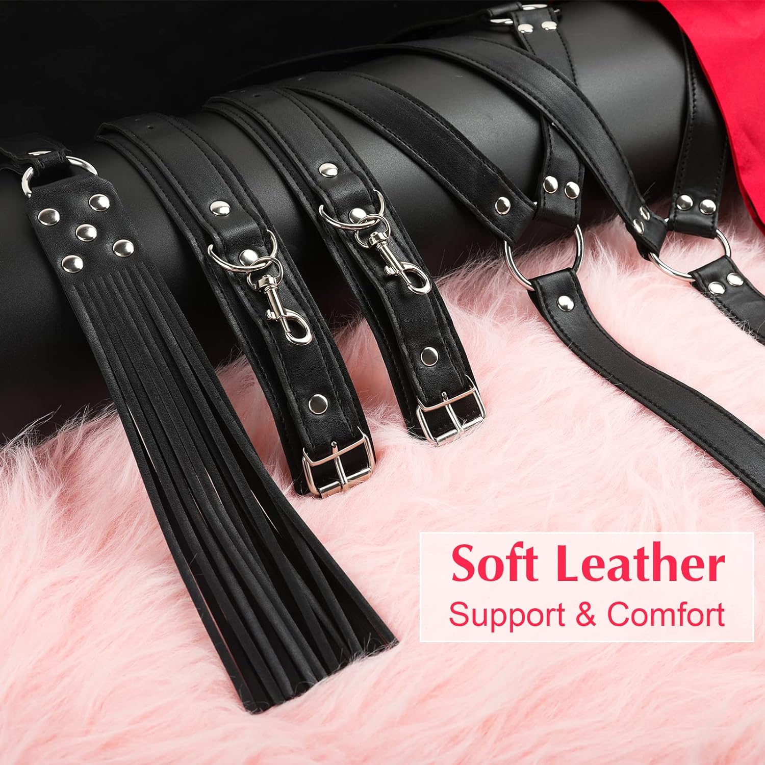 Sex Bondage BDSM Kit Restraints - Couple Sex toys with Neck to Wrist Behind Back Handcuffs Collar & Blindfold & Whip, Soft Leather Bondage Gear & Accessories, Adult Sex Straps SM Slave Gameplay Tools