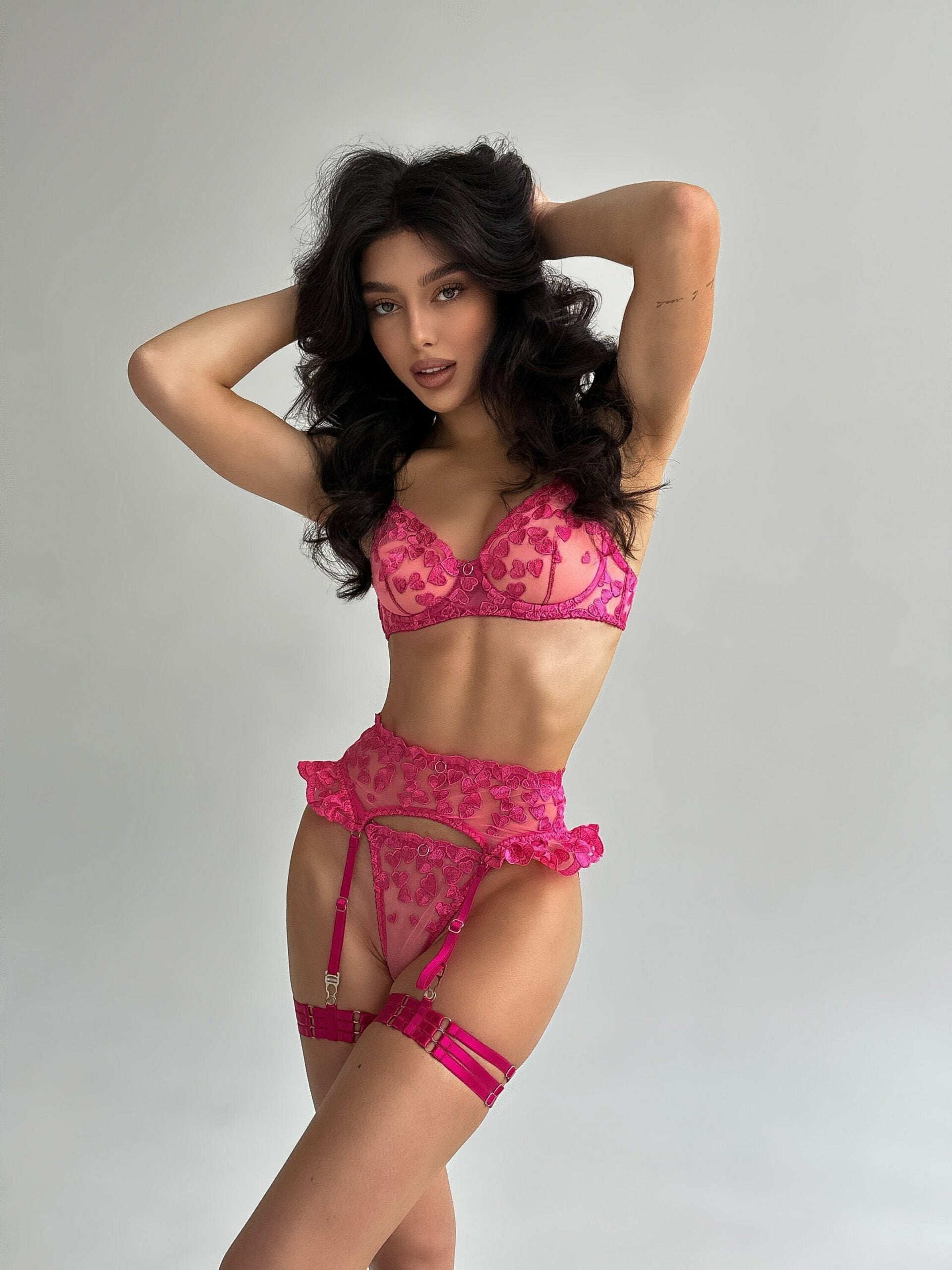 Rose See Through Sexy Heart-Shaped Romantic Lace Lingerie Sets.